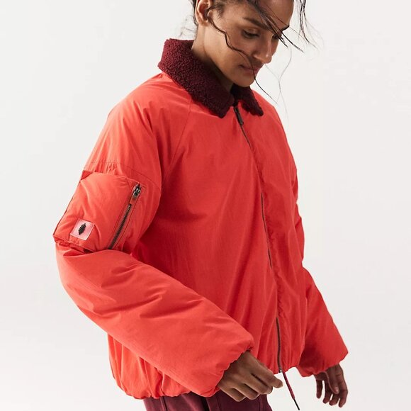 033 Free People Outpost Bomber Jacket-Cherry Tomato Combo NWT Size Large - Picture 1 of 11
